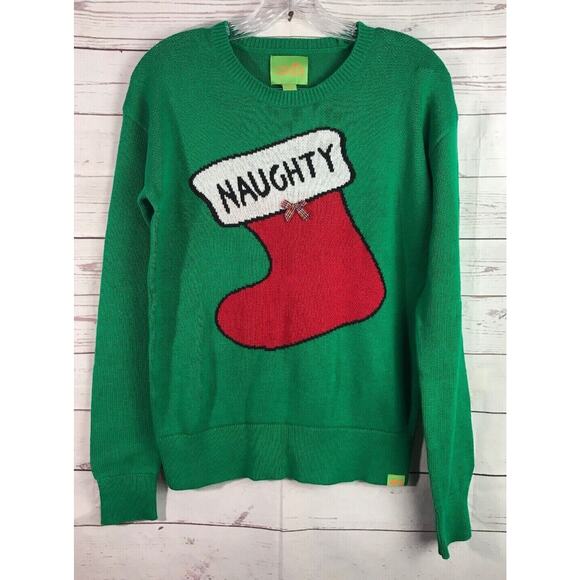 "Naughty" Fair Isle Ugly Christmas Sweater Womens XS Green Stocking Stretch - Picture 1 of 8
